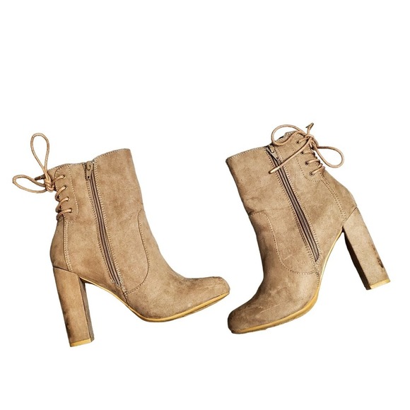 Bamboo Tan Suede Lace Up Platform Booties - Picture 1 of 5
